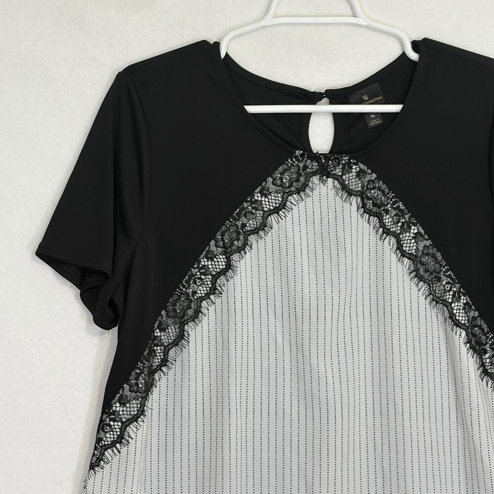Worthington Blouse Womens Size XL Pinstriped Black White Lace Business Casual - Picture 3 of 10